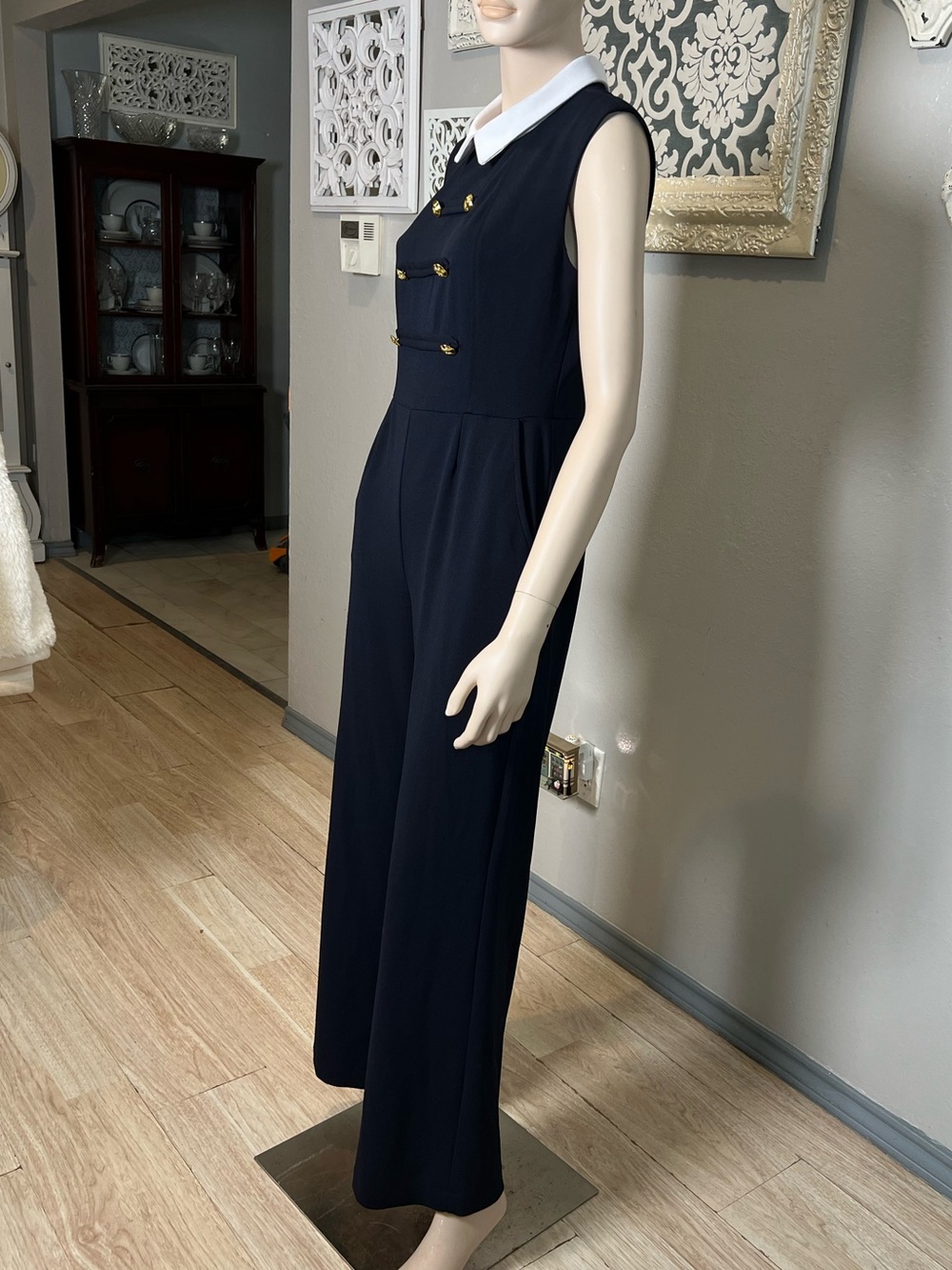 Shelby & Palmer Navy Blue Sleeveless Jumpsuit with White Collar and Gold Buttons - Picture 4 of 12